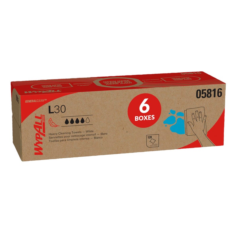 WypAll GeneralClean L30 Cloths Heavy Duty Cleaning Wipes (05816), Pop-Up Box, Strong and Soft Bulk Paper Wipers, White (6 Packs of 120 Sheets, 720 Sheet Total) - Image 1